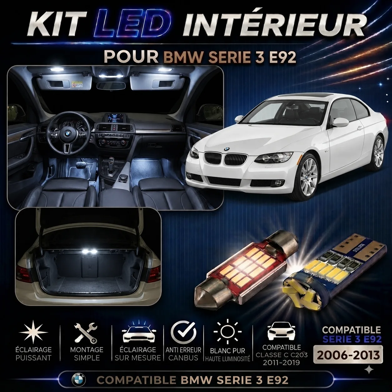 Kit ampoules à LED pour l'éclairage intérieur BMW E92 Coupé