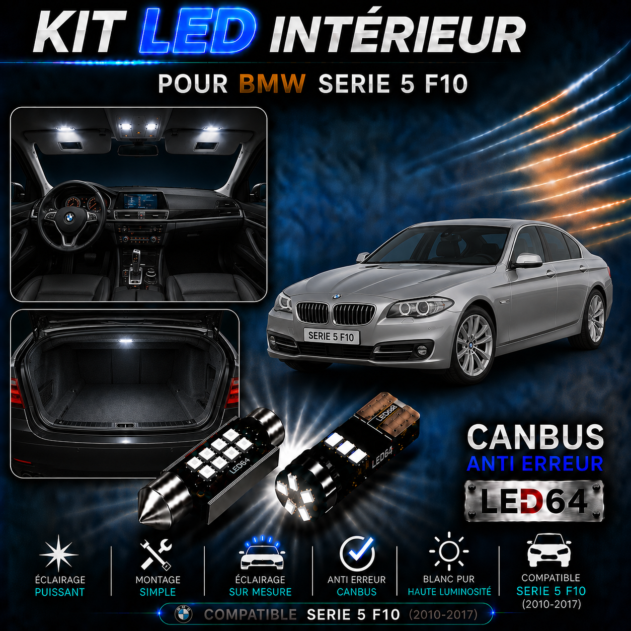 Kit ampoules à LED pour l'éclairage intérieur BMW série 5 F10