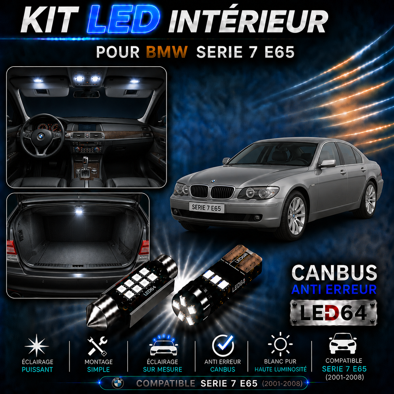 Kit ampoules à LED pour l'éclairage intérieur BMW série 7 E65 E66