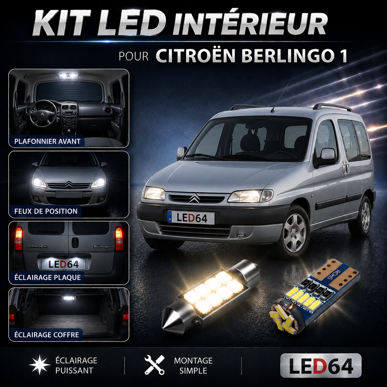 Kit ampoules à LED pour l'éclairage intérieur Citroën Berlingo I