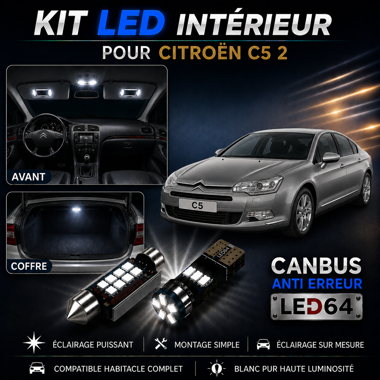 Kit ampoules à LED pour l'éclairage intérieur Citroën C5 II