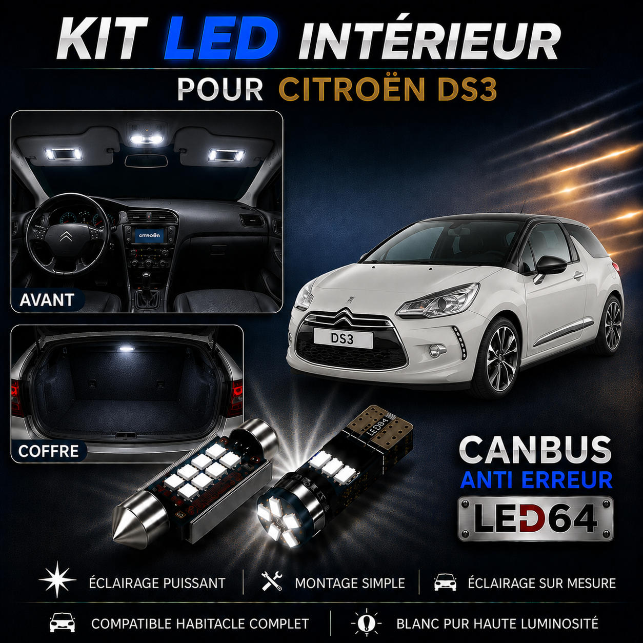 Kit ampoules à LED pour l'éclairage intérieur Citroën DS3