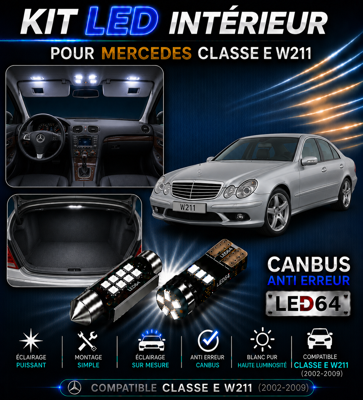 Kit ampoules à LED pour l'éclairage intérieur Mercedes Classe E w211