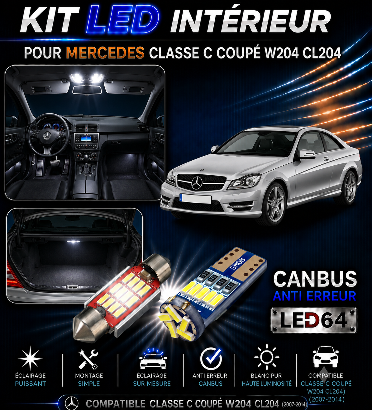 Kit ampoules à LED pour l'éclairage intérieur Mercedes Classe C coupe c204
