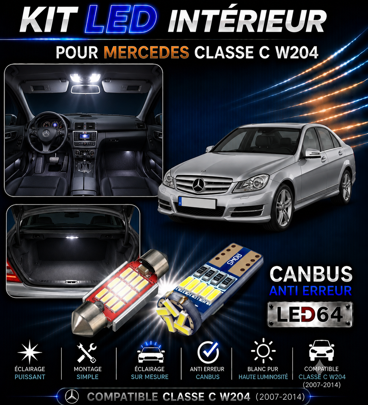 Kit ampoules à LED pour l'éclairage intérieur Mercedes Classe C w204