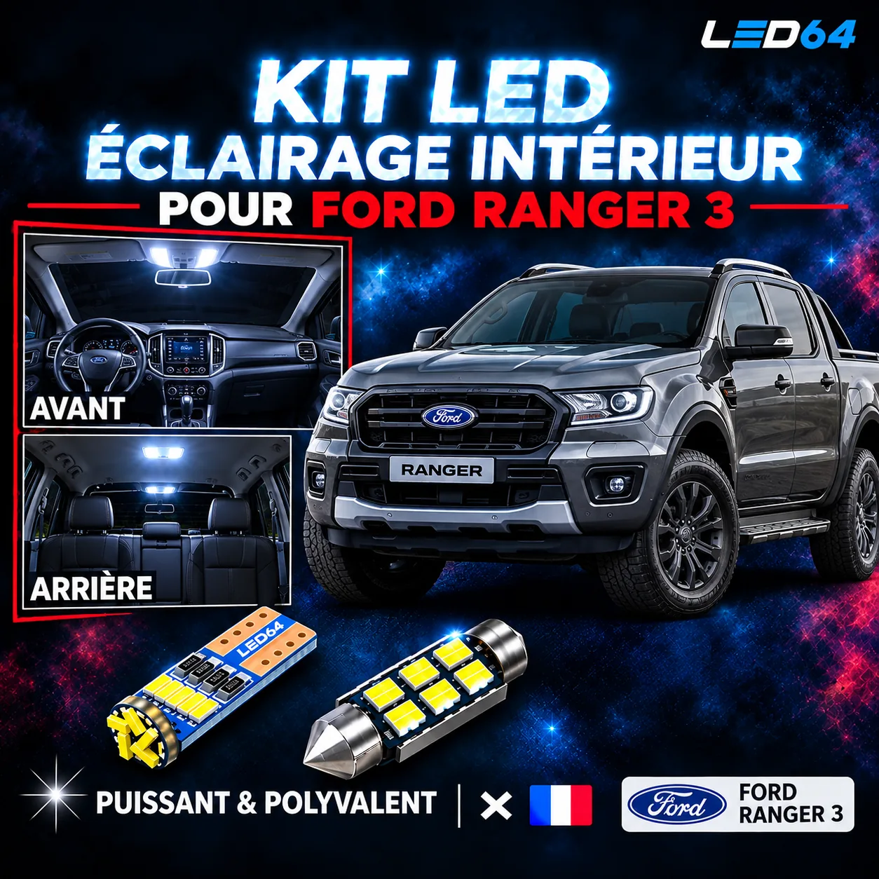 Kit ampoules à LED pour l'éclairage intérieur Ford Ranger 3