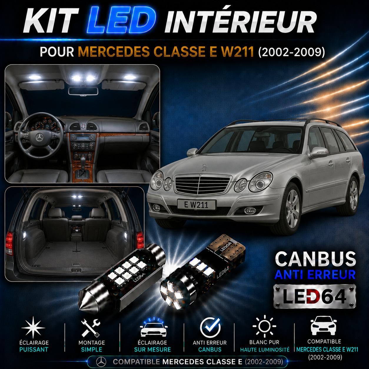 Kit ampoules à LED pour l'éclairage intérieur Mercedes Classe E Break w211