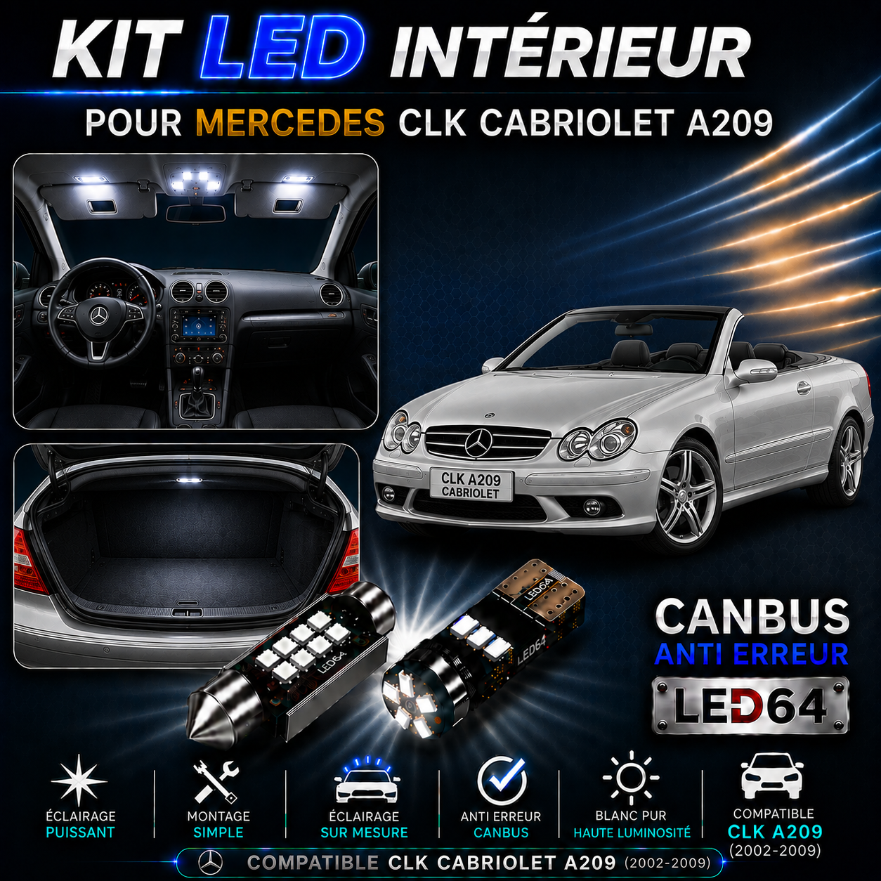 Kit ampoules à LED pour l'éclairage intérieur Mercedes CLK w209 Cabriolet
