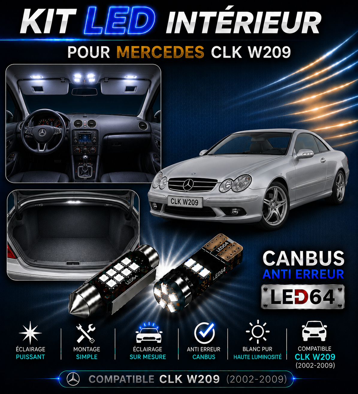 Kit ampoules à LED pour l'éclairage intérieur Mercedes CLK w209