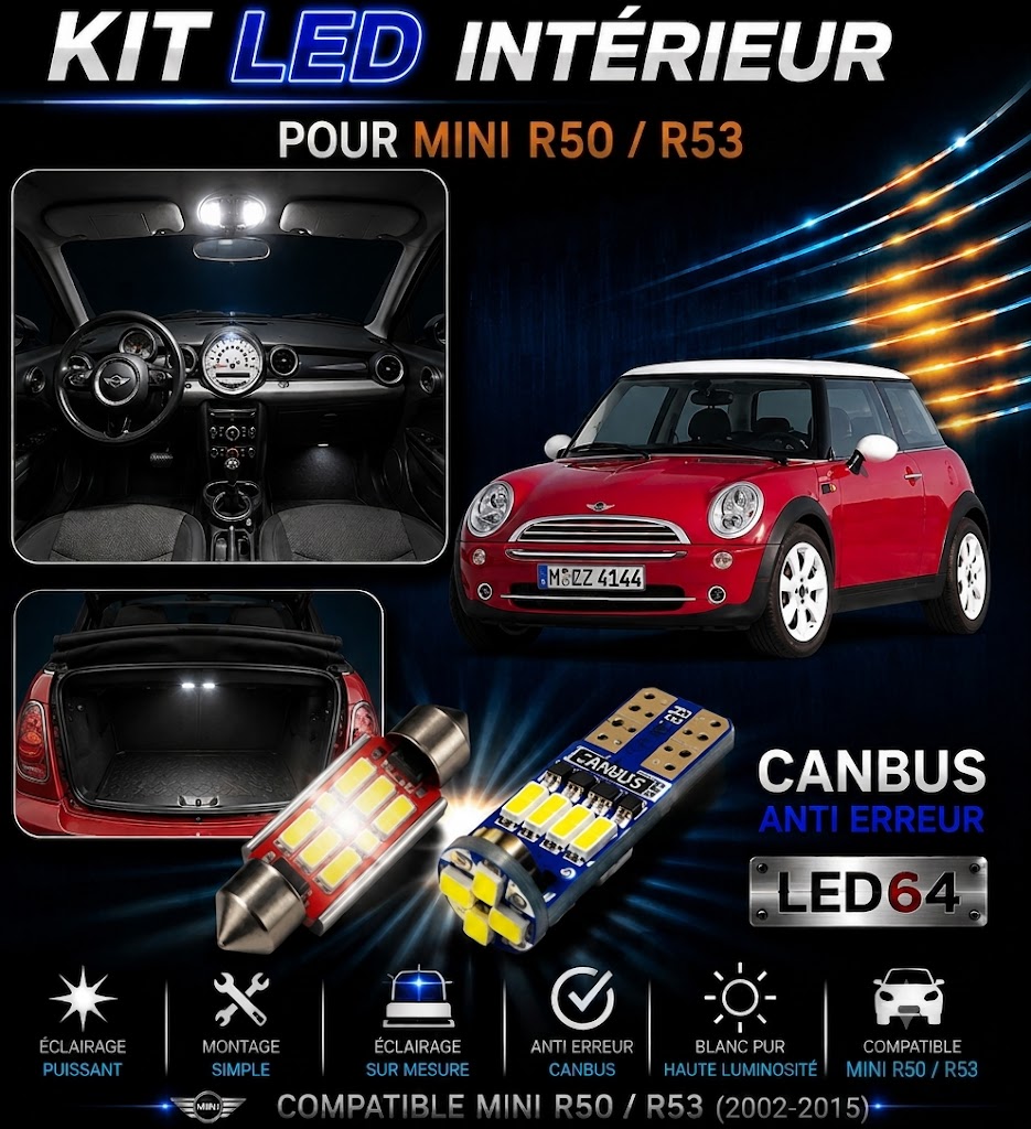 Kit ampoules à LED pour l'éclairage intérieur Mini Cooper R50 R53
