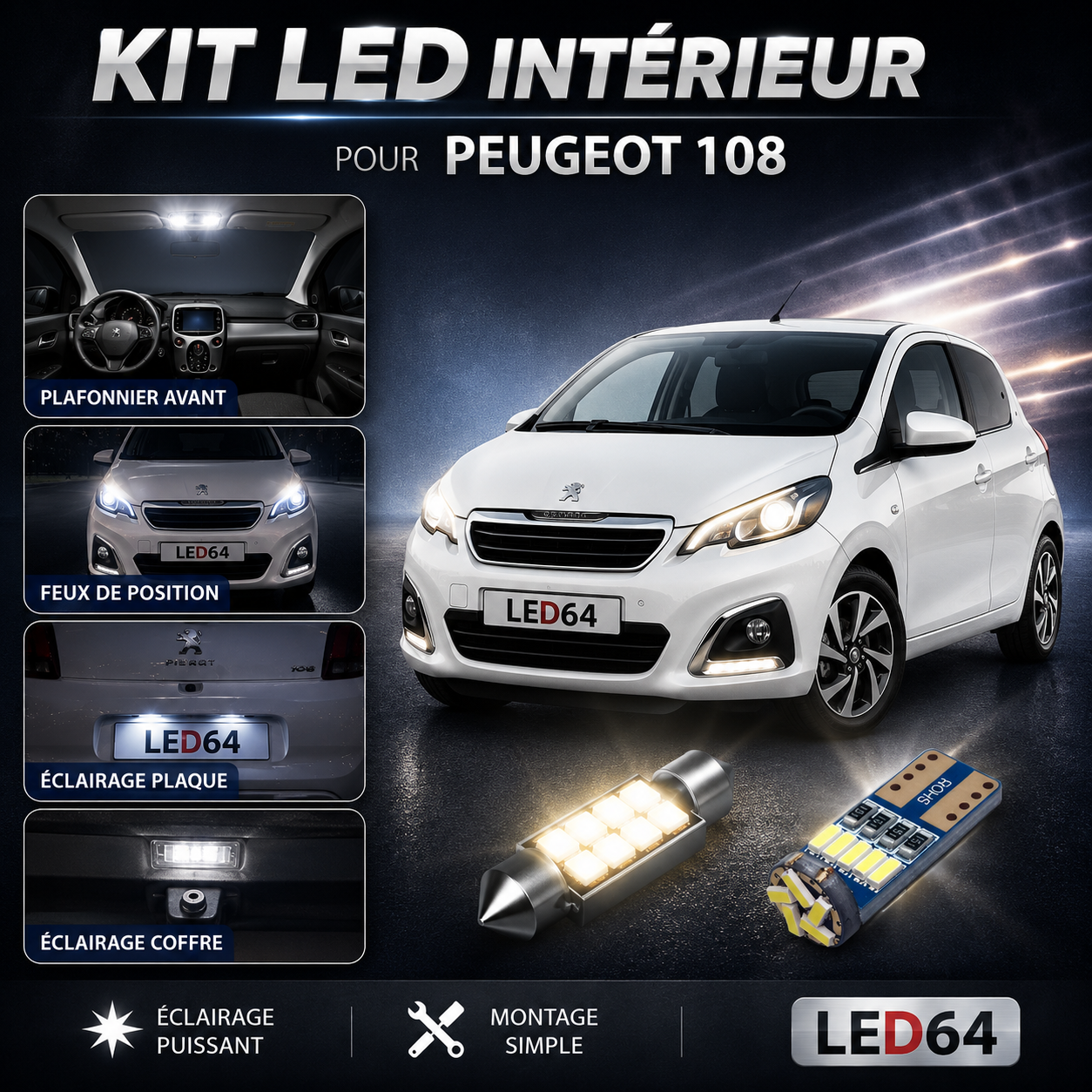 Kit ampoules à LED pour l'éclairage intérieur Peugeot 108