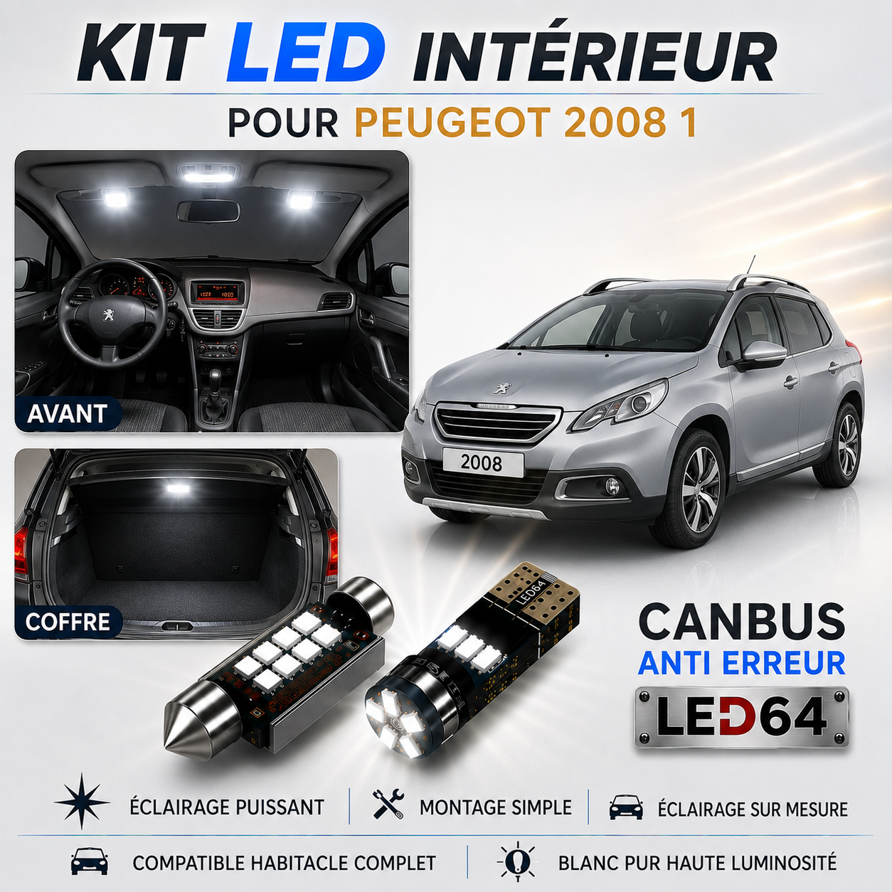 Kit ampoules à LED pour l'éclairage intérieur Peugeot 2008