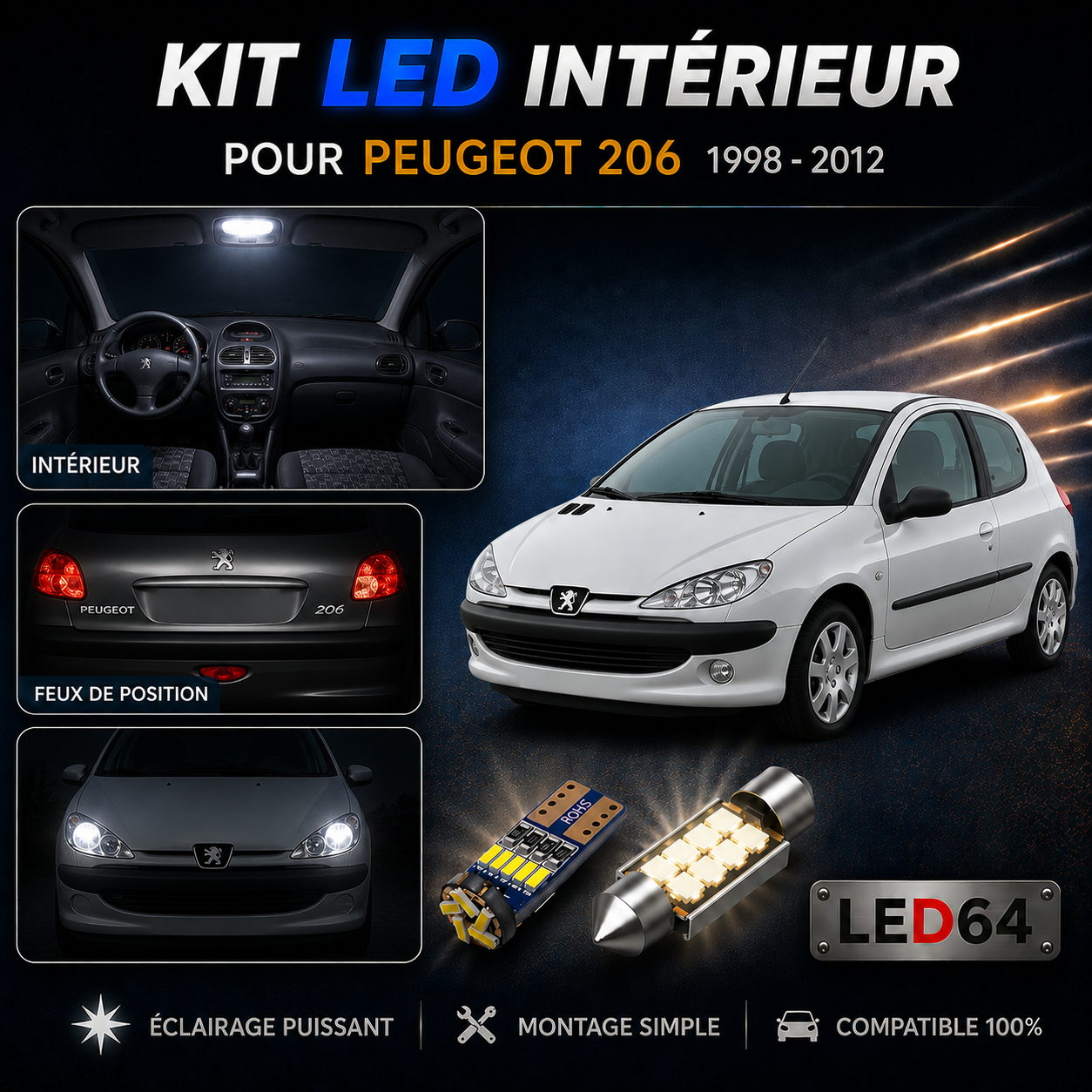 Kit ampoules à LED pour l'éclairage intérieur Peugeot 206