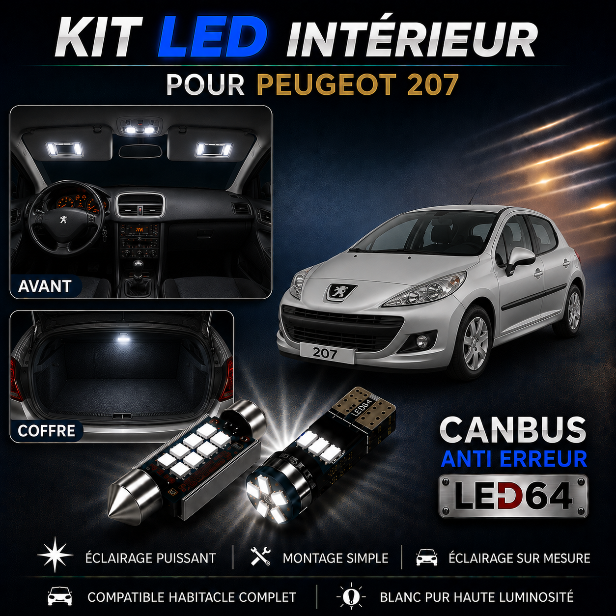 Kit ampoules à LED pour l'éclairage intérieur Peugeot 207