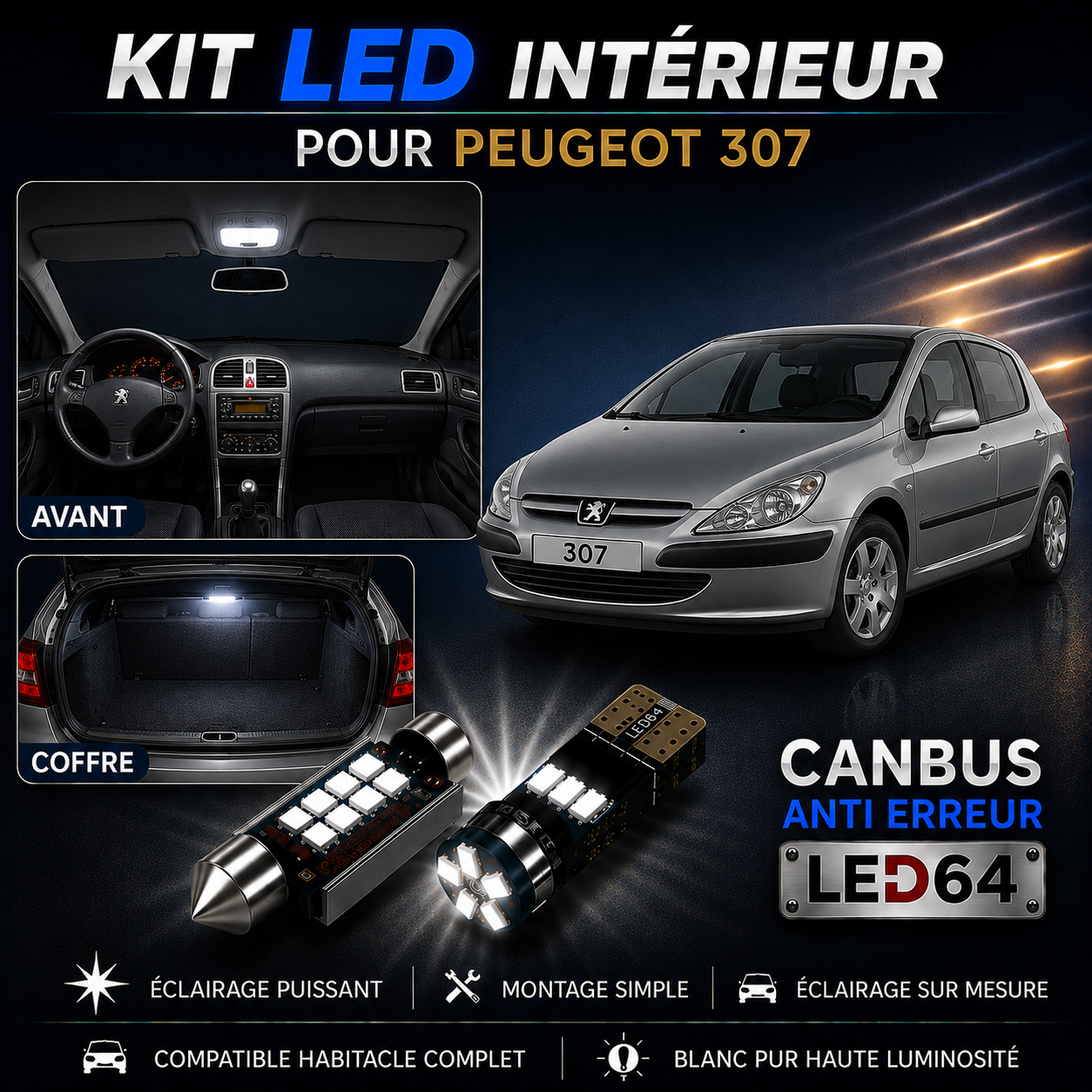 Kit ampoules à LED pour l'éclairage intérieur Peugeot 307