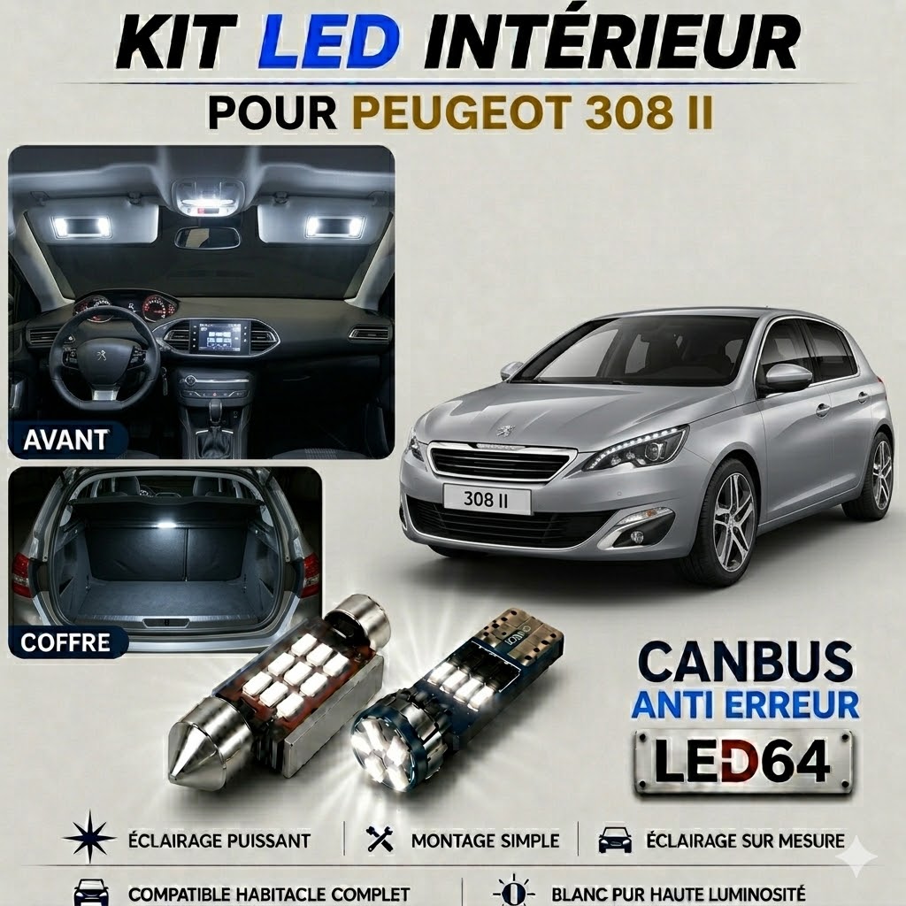 Kit ampoules à LED pour l'éclairage intérieur Peugeot 308 2