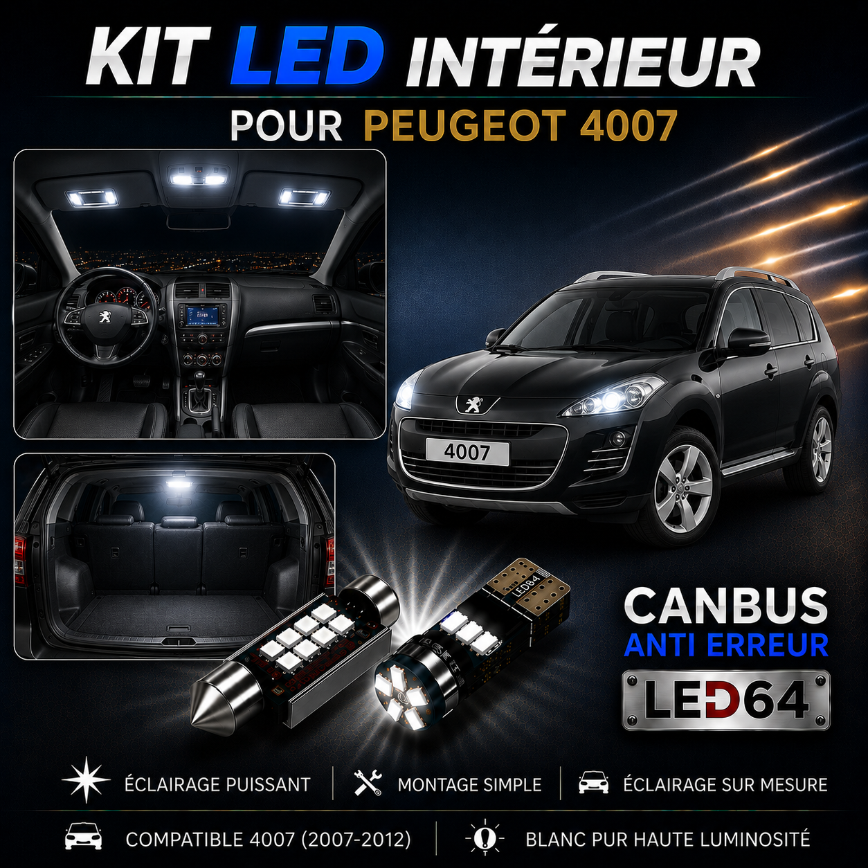 Kit ampoules à LED pour l'éclairage intérieur Peugeot 4007