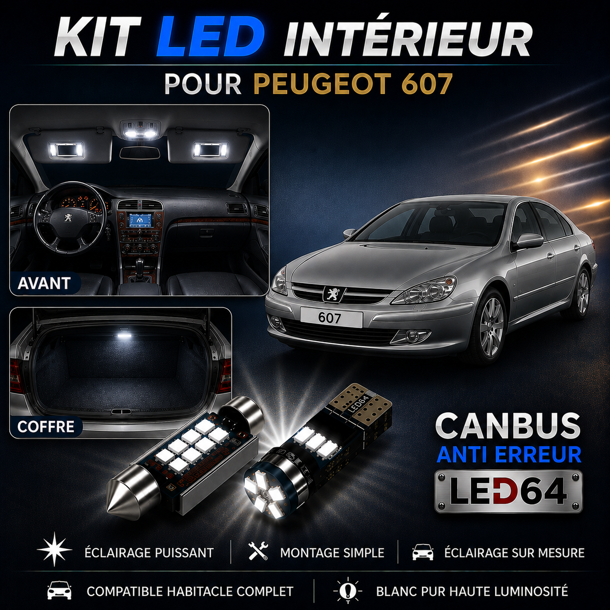 Kit ampoules à LED pour l'éclairage intérieur Peugeot 607