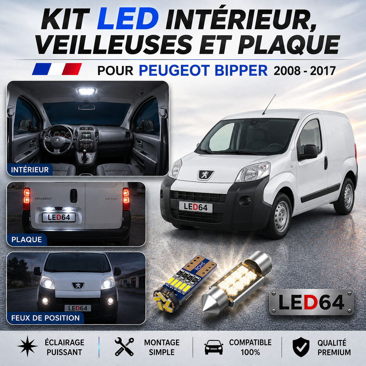 Kit ampoules à LED pour l'éclairage intérieur Peugeot Bipper