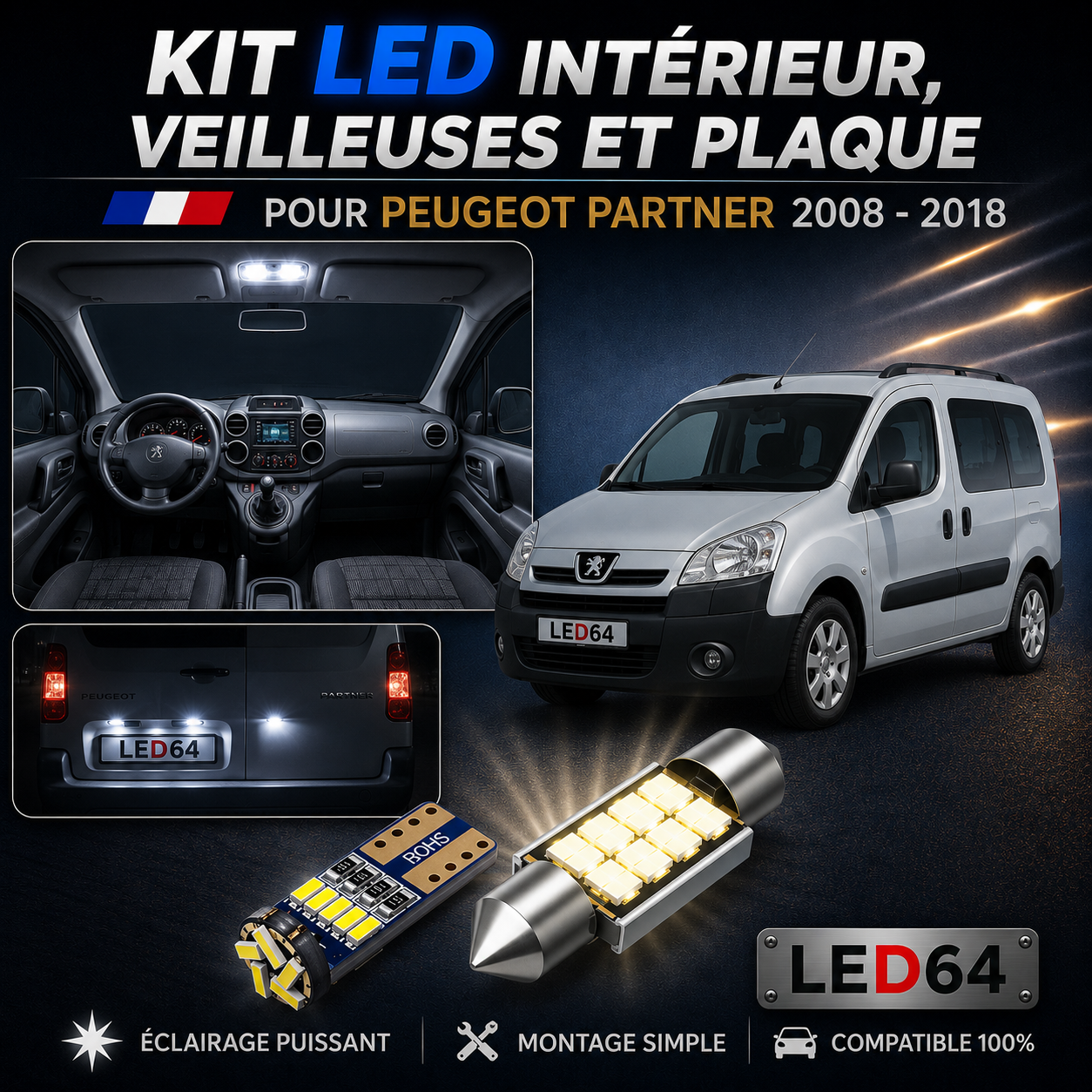 Kit ampoules à LED pour l'éclairage intérieur Peugeot Partner 2