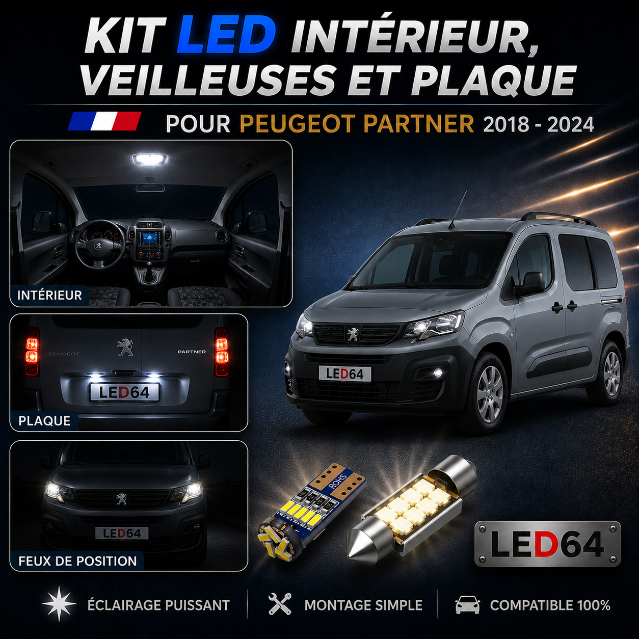 Kit ampoules à LED pour l'éclairage intérieur Peugeot Partner 3