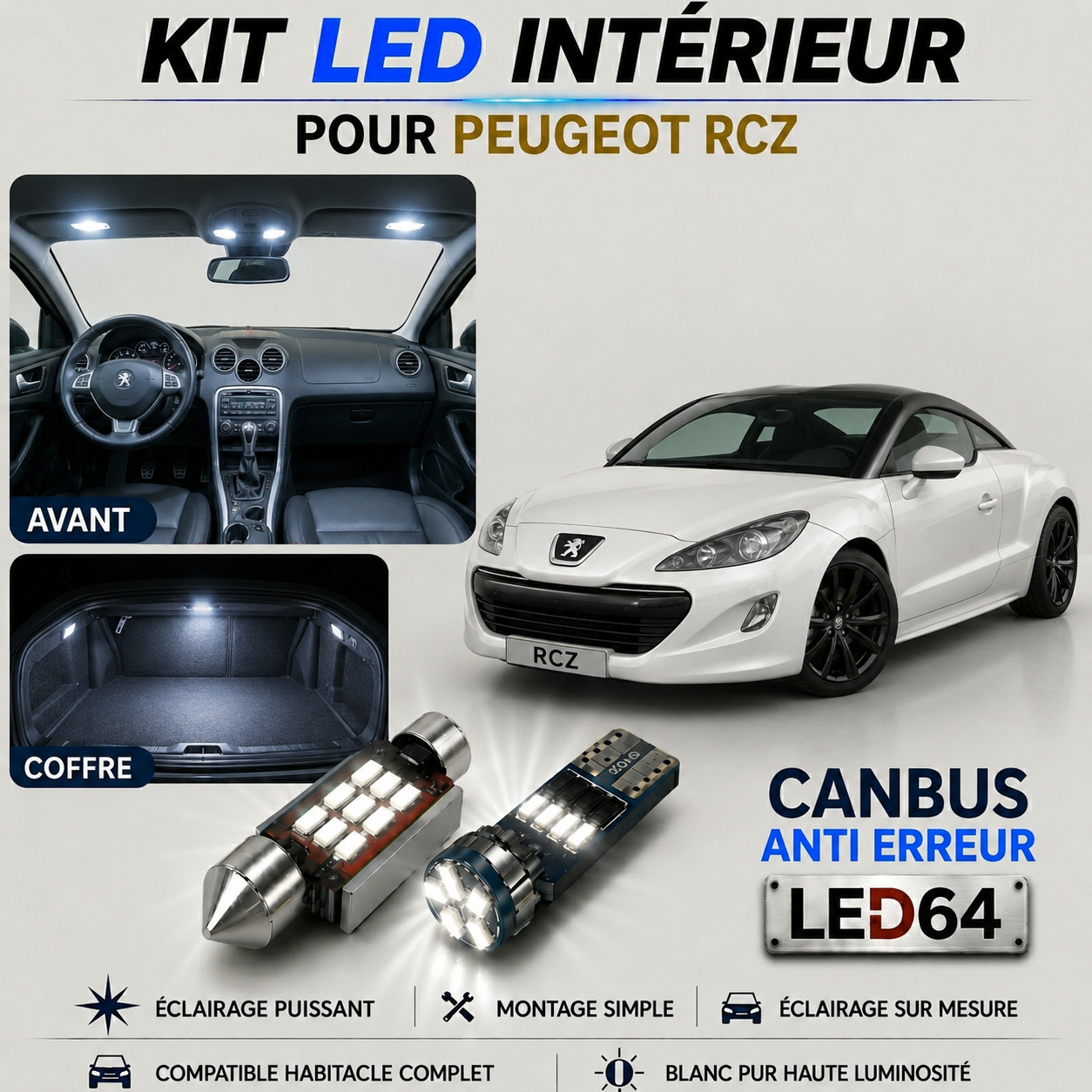 Kit ampoules à LED pour l'éclairage intérieur Peugeot RCZ