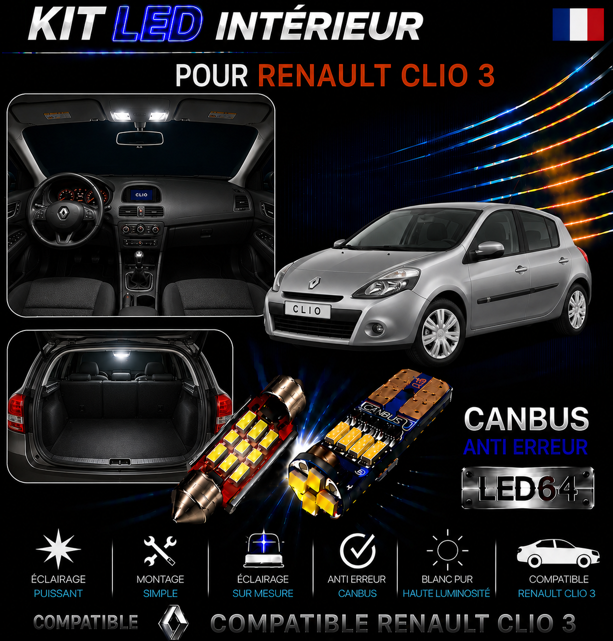 Kit ampoules à LED pour l'éclairage intérieur Renault Clio3