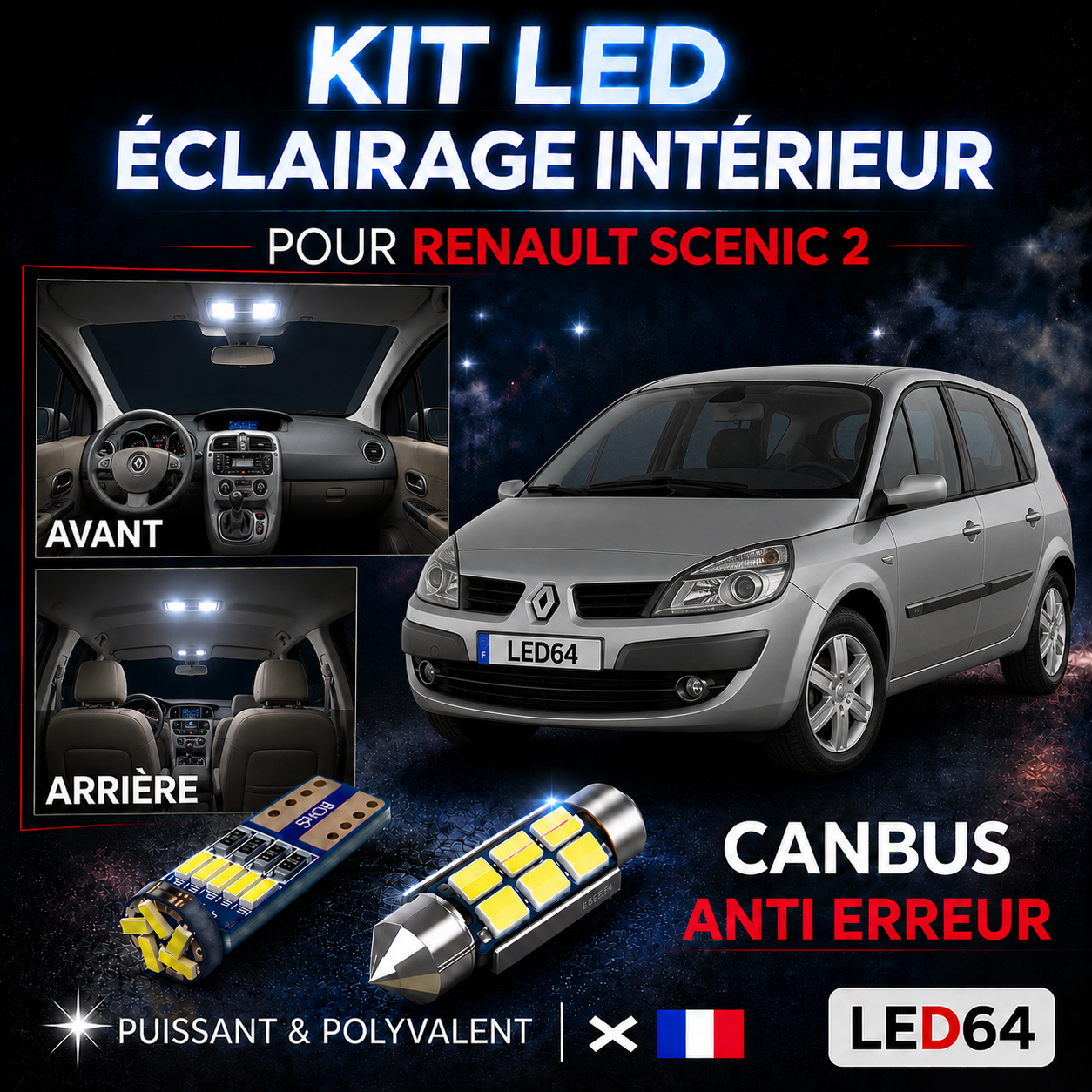 Kit ampoules à LED pour l'éclairage intérieur Renault Scenic 2