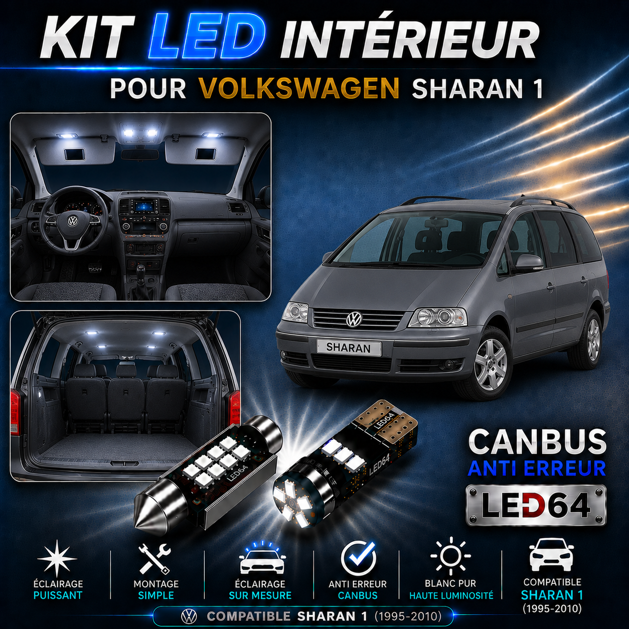 Kit ampoules à LED pour l'éclairage intérieur Volkswagen Sharan 7M